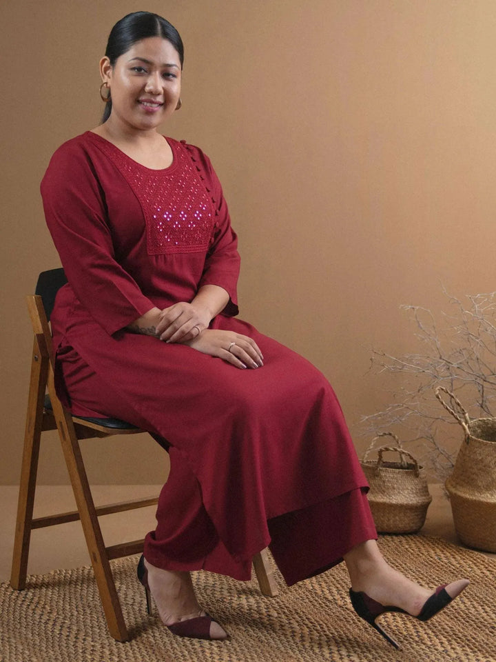 Plus Size Maroon Embroidered Rayon Kurta - Libas