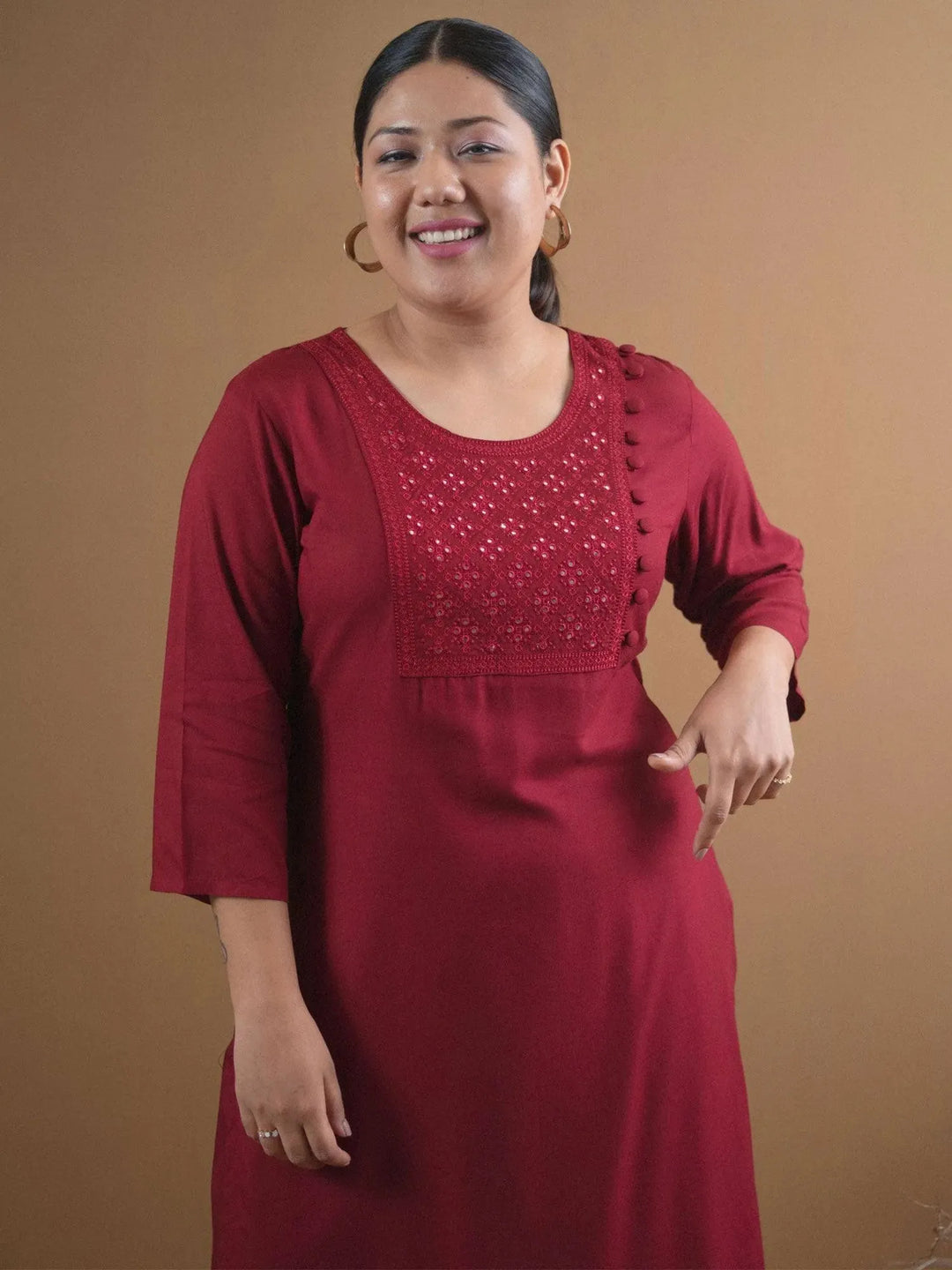 Plus Size Maroon Embroidered Rayon Kurta - Libas