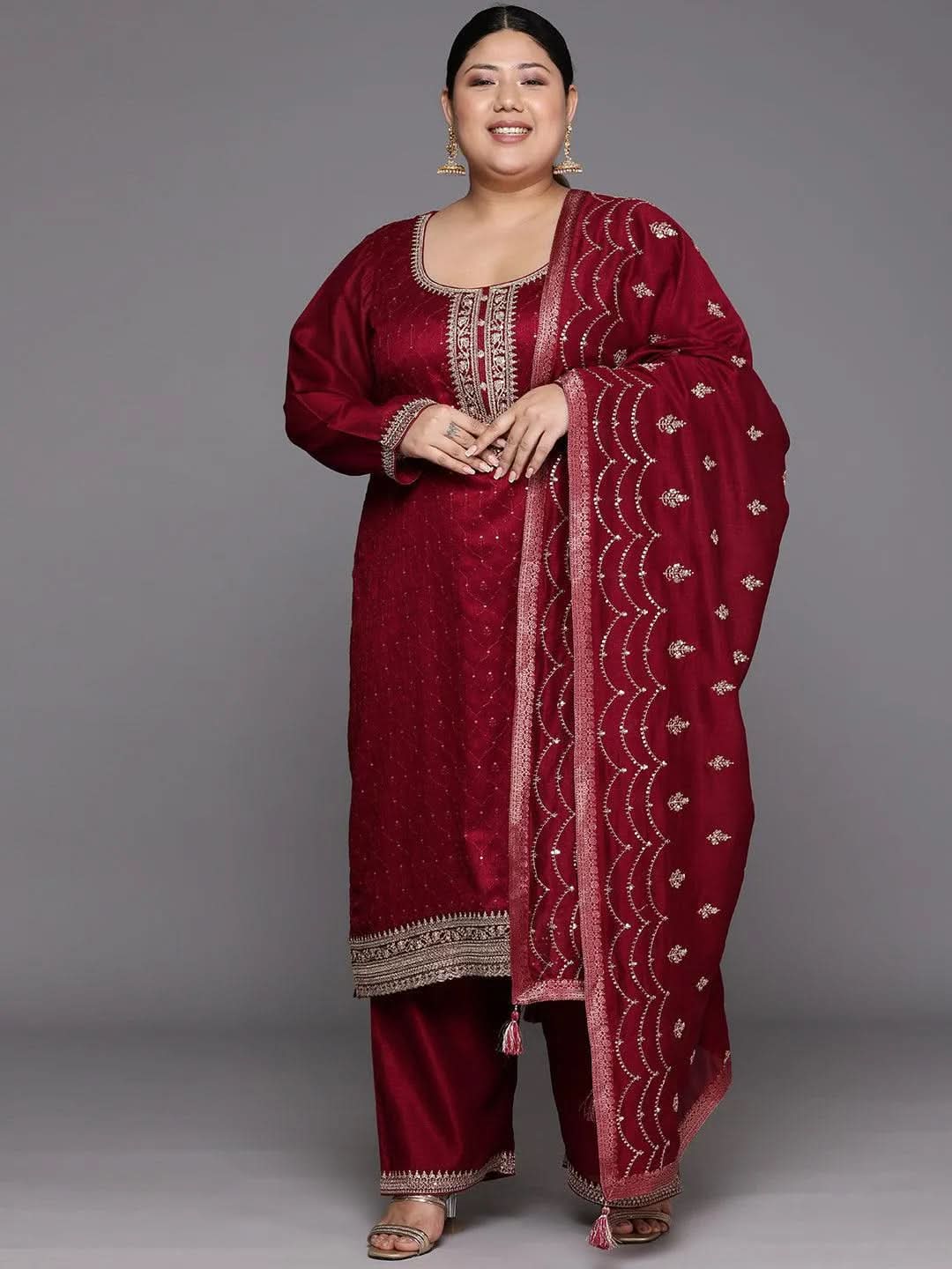 Plus Size Maroon Embroidered Silk Blend Straight Kurta With Trousers & Dupatta-image-3