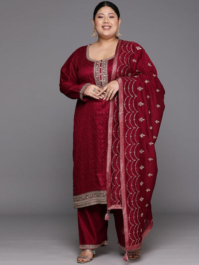 Plus Size Maroon Embroidered Silk Blend Straight Suit Set - Libas