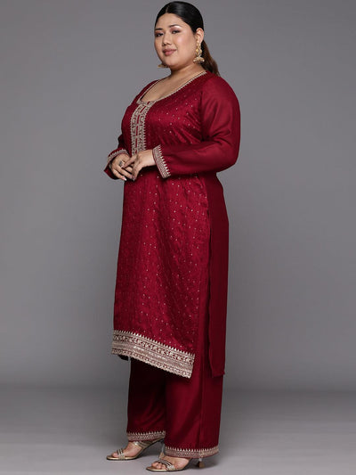 Plus Size Maroon Embroidered Silk Blend Straight Suit Set - Libas