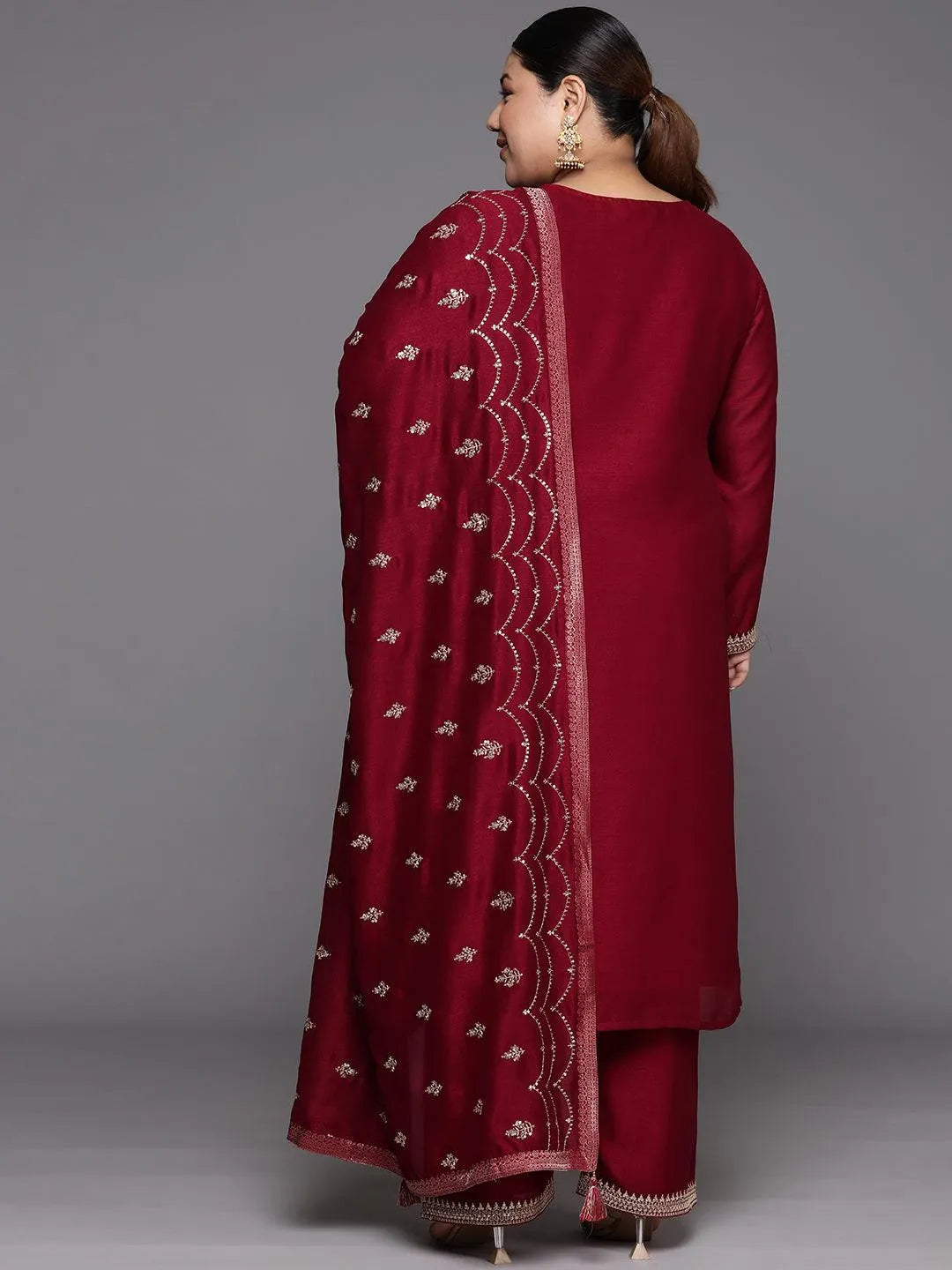 Plus Size Maroon Embroidered Silk Blend Straight Suit Set - Libas 