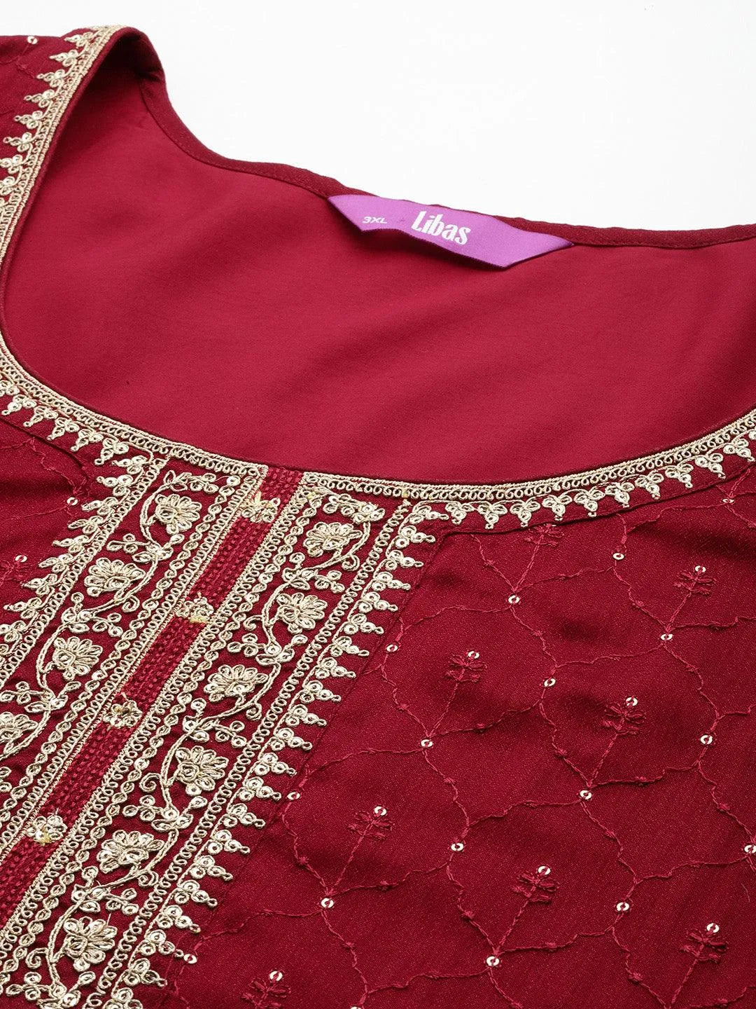 Plus Size Maroon Embroidered Silk Blend Straight Suit Set - Libas 