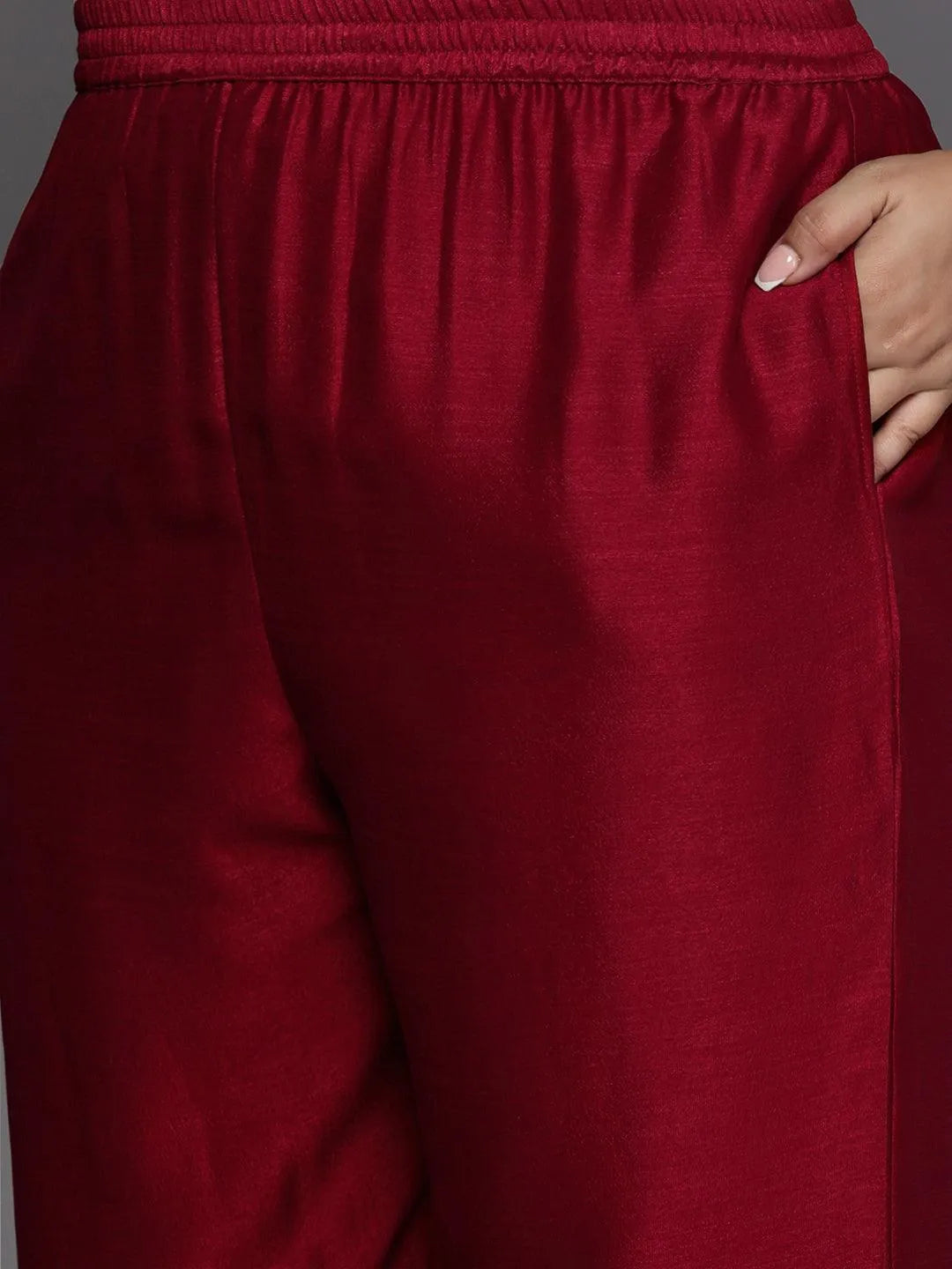 Plus Size Maroon Embroidered Silk Blend Straight Suit Set - Libas 