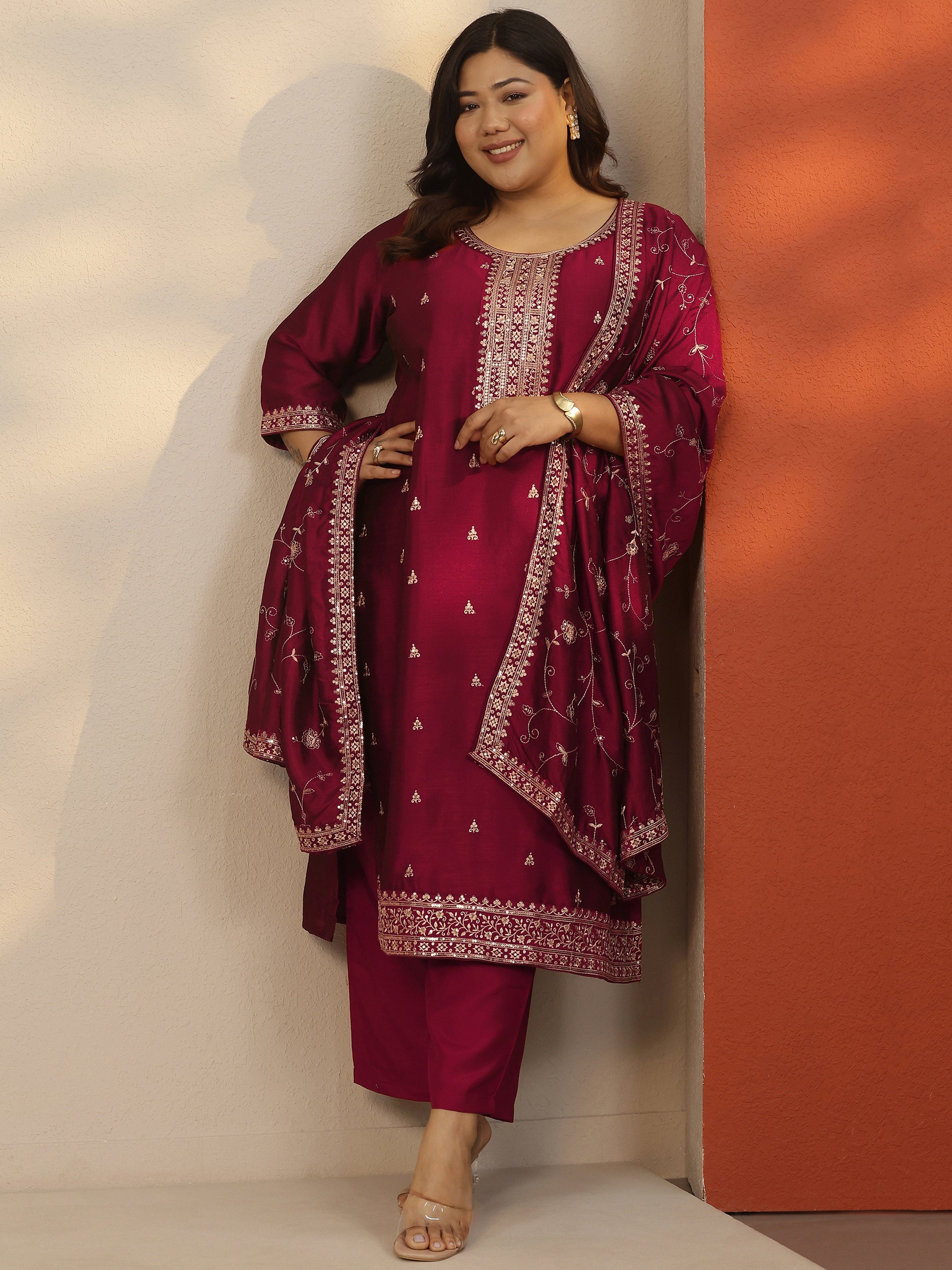 libas Plus Size Maroon Embroidered Silk Blend Straight Suit Set With Dupatta-picture-20