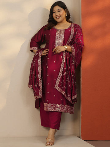 Plus Size Maroon Embroidered Silk Blend Straight Suit Set With Dupatta