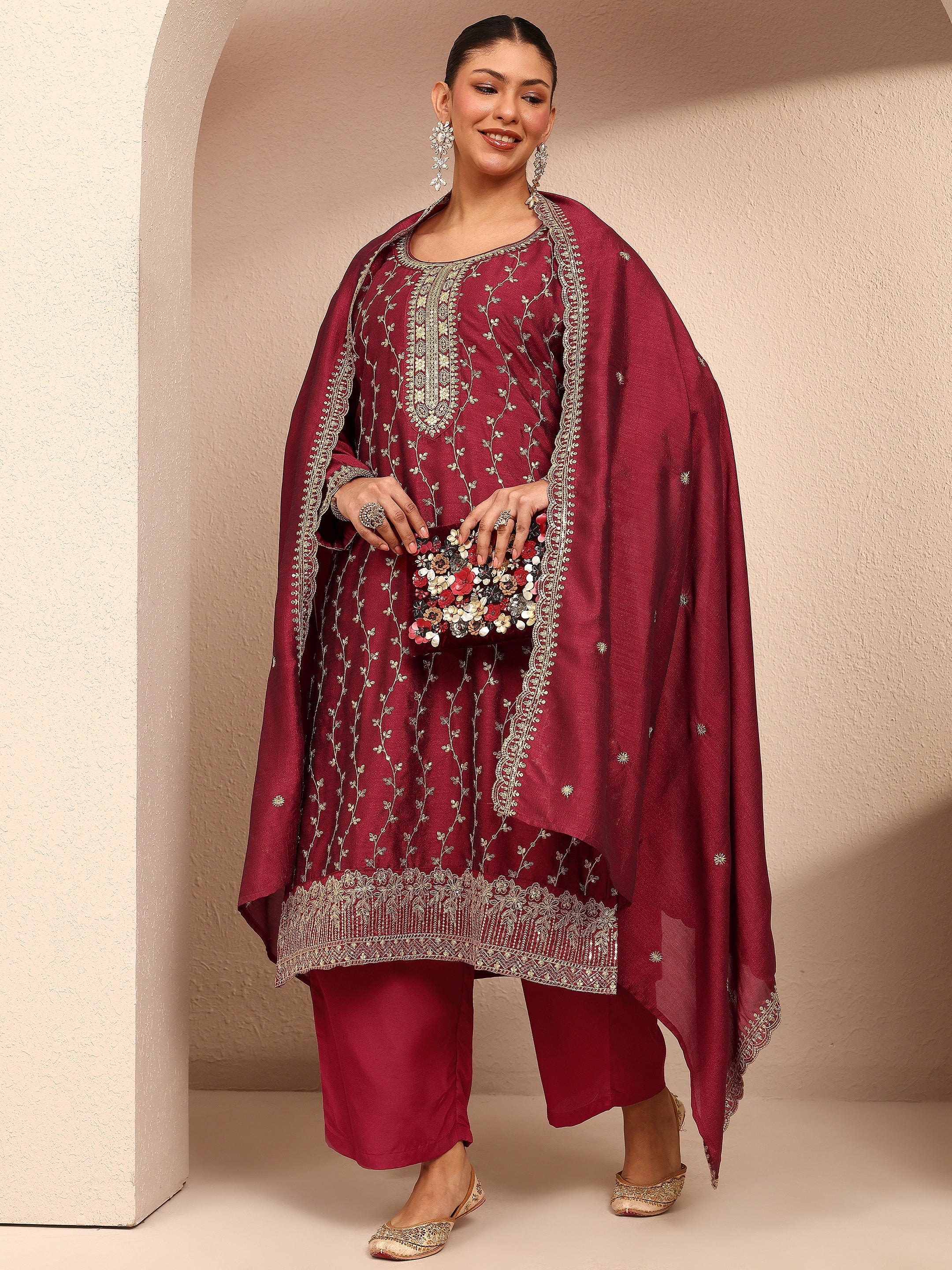 libas Plus Size Maroon Embroidered Silk Blend Straight Suit Set With Dupatta-picture-21