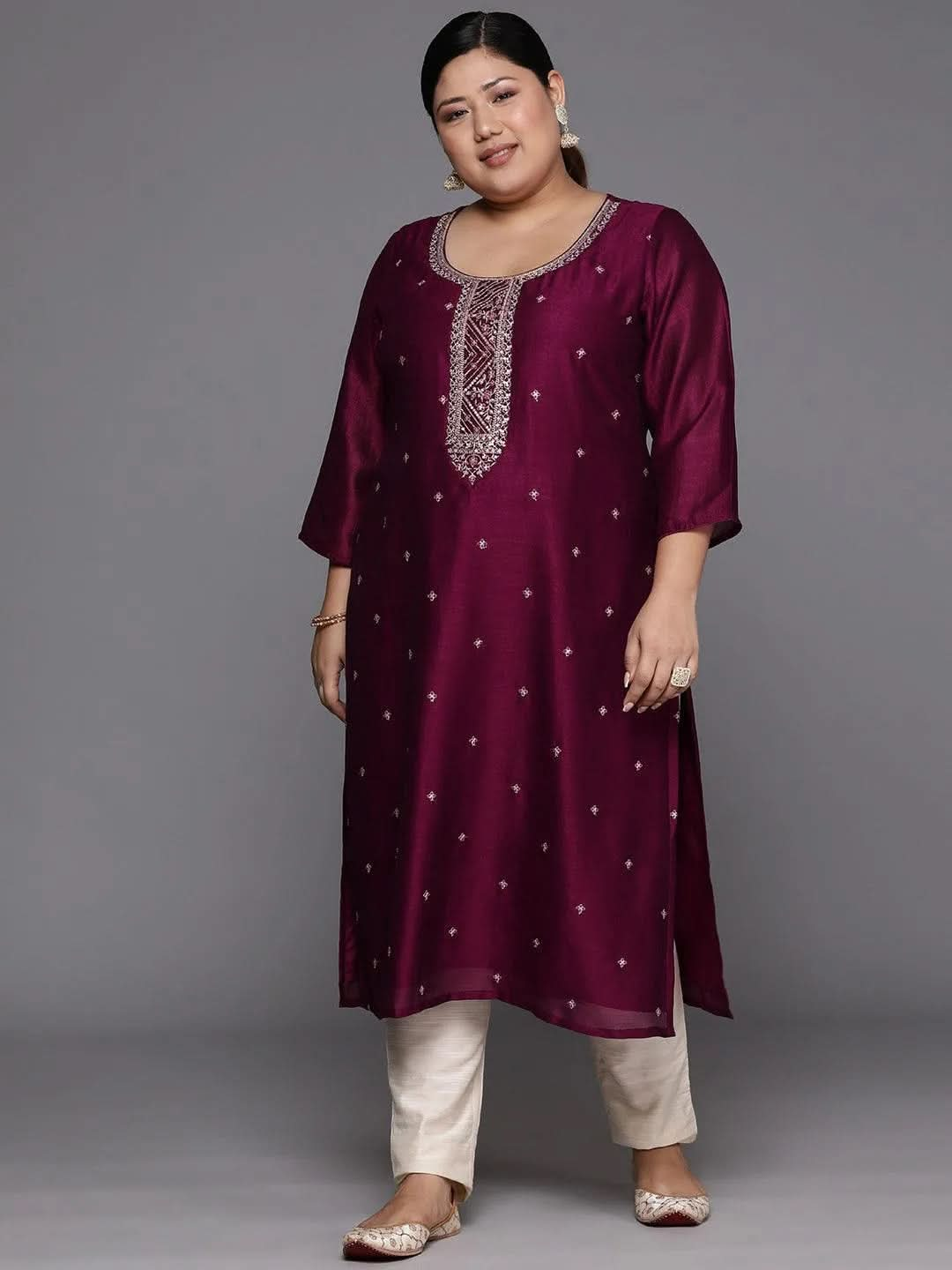 Plus Size Maroon Embroidered Silk Straight Kurta - Libas