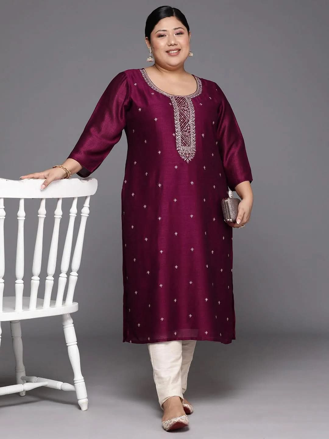 Plus Size Maroon Embroidered Silk Straight Kurta - Libas 