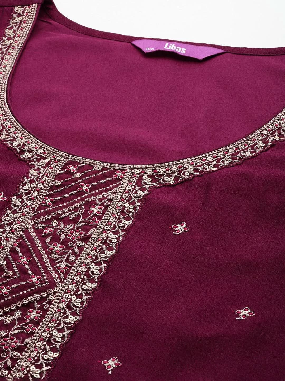 Plus Size Maroon Embroidered Silk Straight Kurta - Libas 