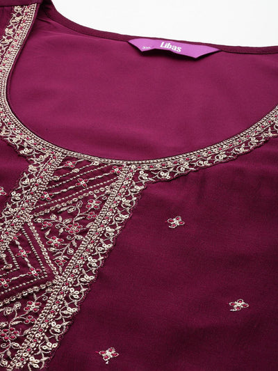 Plus Size Maroon Embroidered Silk Straight Kurta - Libas