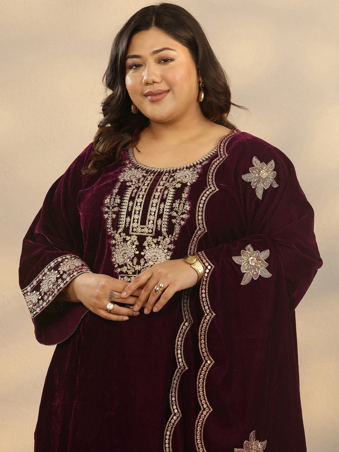  Plus Size Maroon Embroidered Velvet Straight Suit Set With Dupatta 