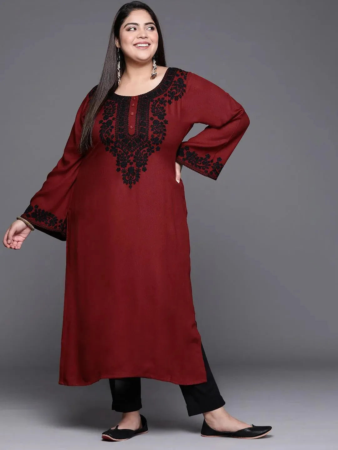 Plus Size Maroon Embroidered Wool Kurta - Libas