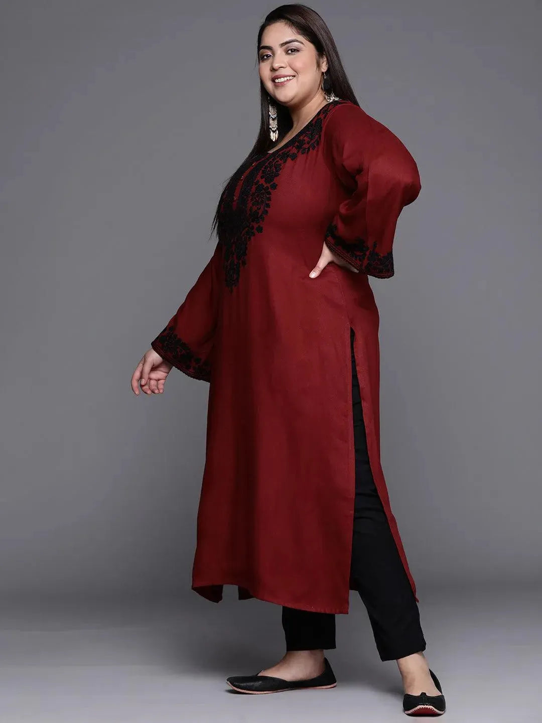 Plus Size Maroon Embroidered Wool Kurta - Libas