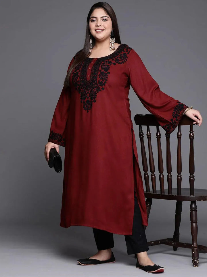 Plus Size Maroon Embroidered Wool Kurta - Libas