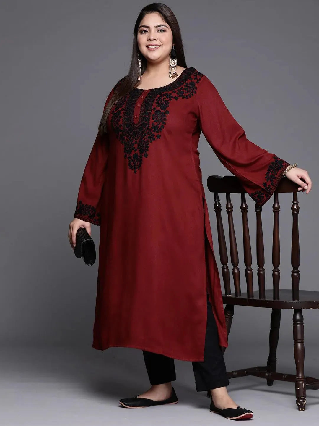 Plus Size Maroon Embroidered Wool Kurta - Libas