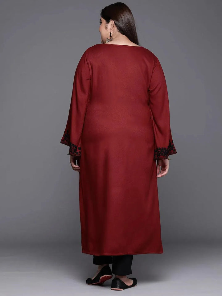 Plus Size Maroon Embroidered Wool Kurta - Libas