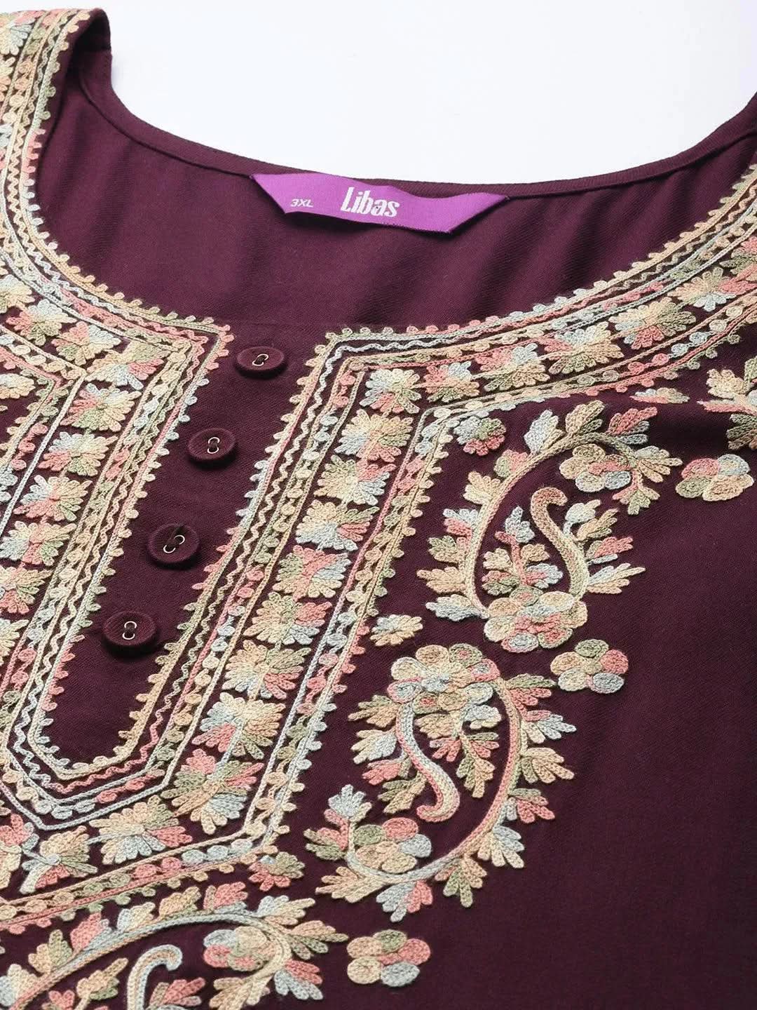 

Plus Size Maroon Embroidered Wool Kurta