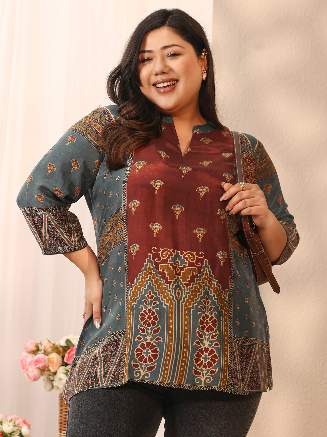 Plus Size Maroon Ethnic Printed Muslin Straight Short Kurti