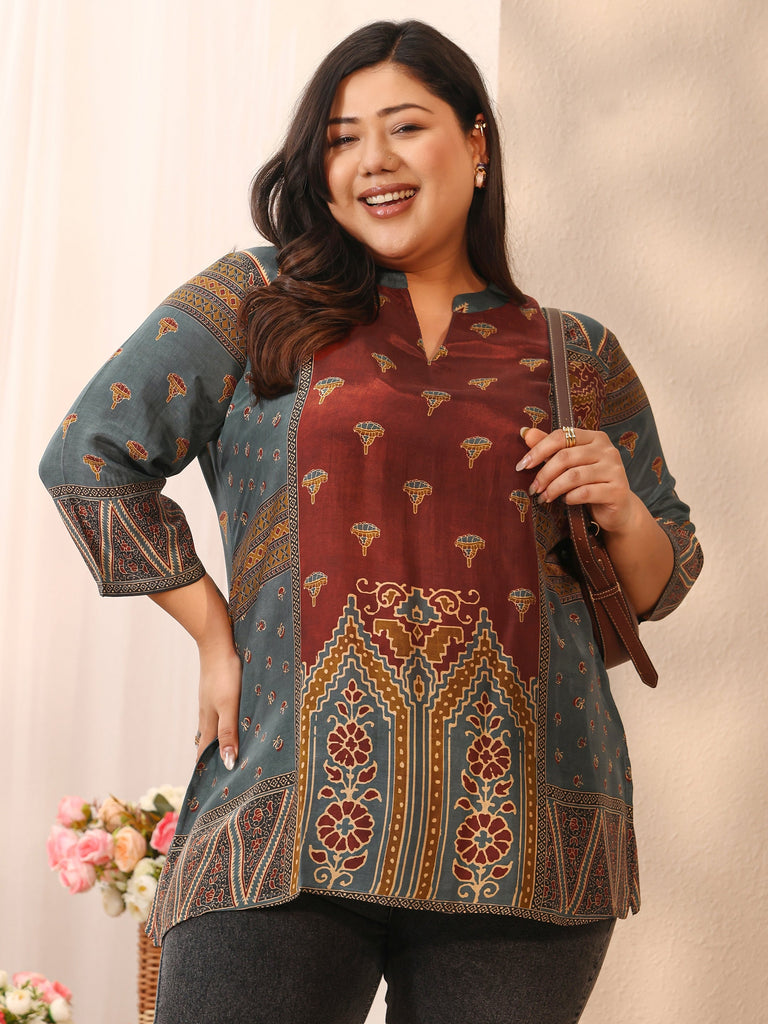Plus Size Maroon Ethnic Printed Silk Blend Straight Short Kurti
