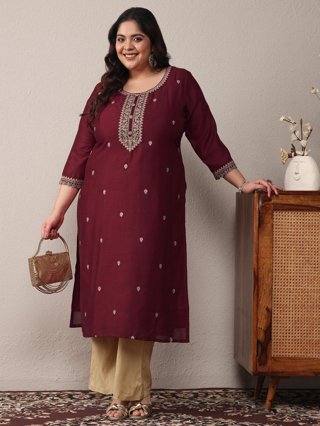  Plus Size Maroon Floral Embroidered Silk Blend Straight Kurta 