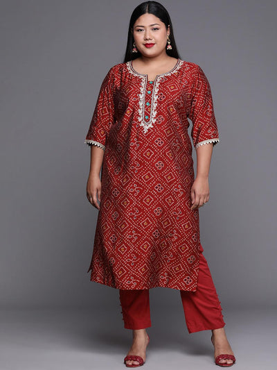 Plus Size Maroon Printed Chanderi Silk Kurta - Libas