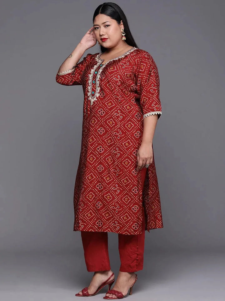 Plus Size Maroon Printed Chanderi Silk Kurta - Libas