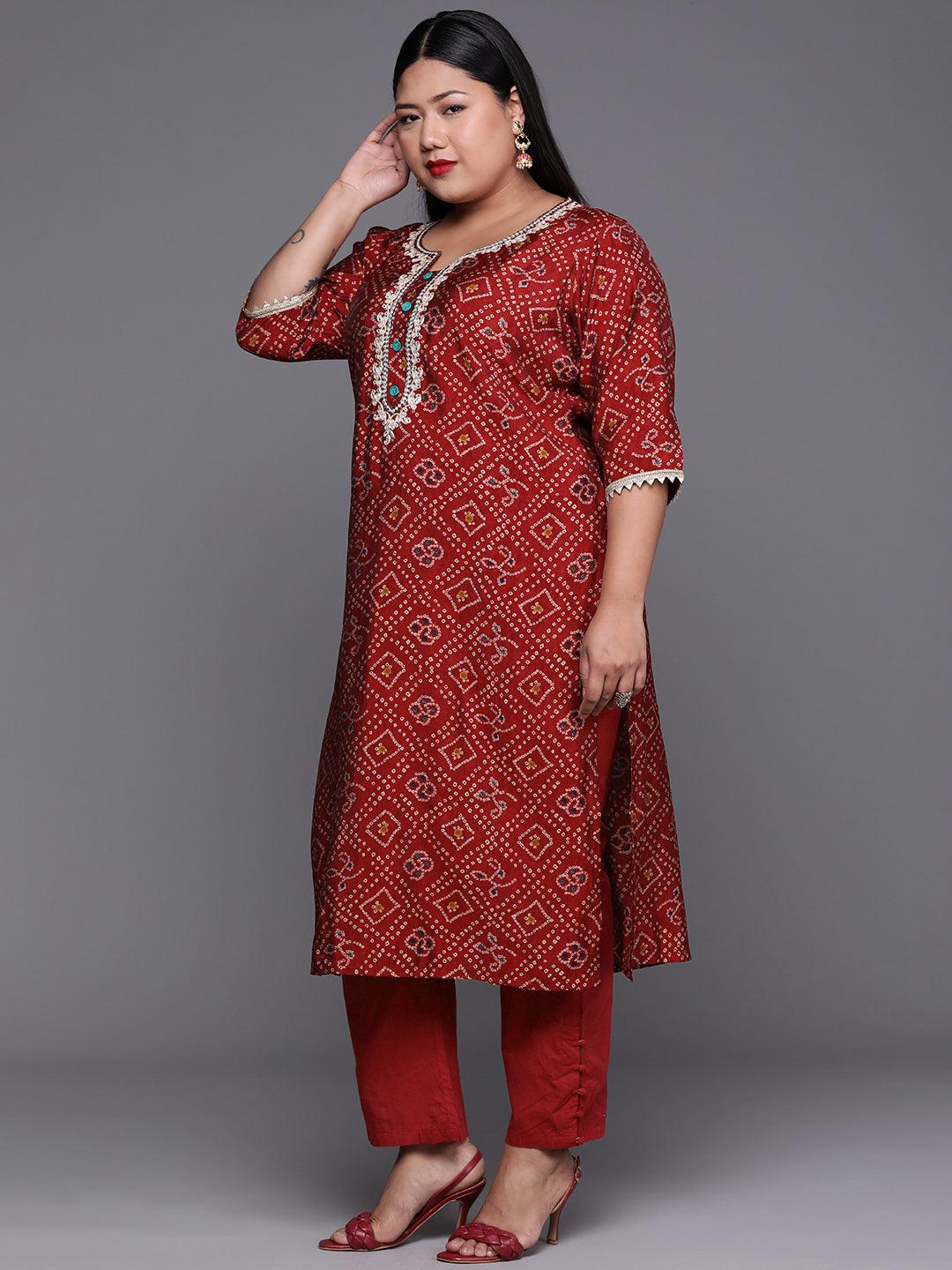 Plus Size Maroon Printed Chanderi Silk Kurta - Libas
