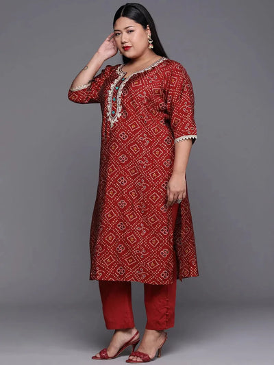 Plus Size Maroon Printed Chanderi Silk Kurta - Libas