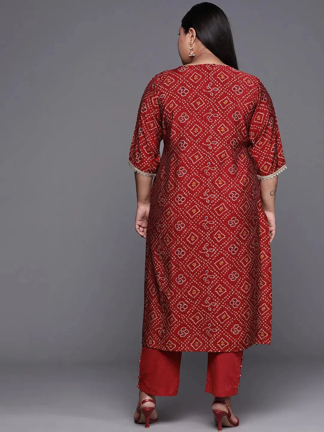 Plus Size Maroon Printed Chanderi Silk Kurta - Libas