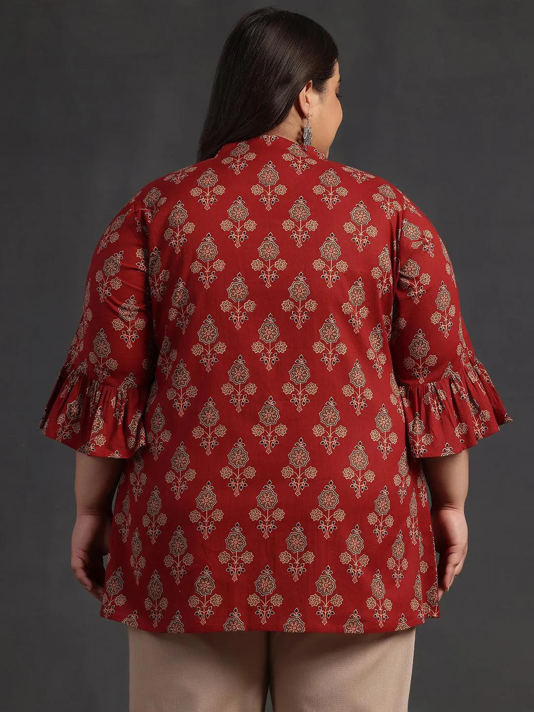 Plus Size Maroon Printed Cotton A-Line Kurti - Libas 