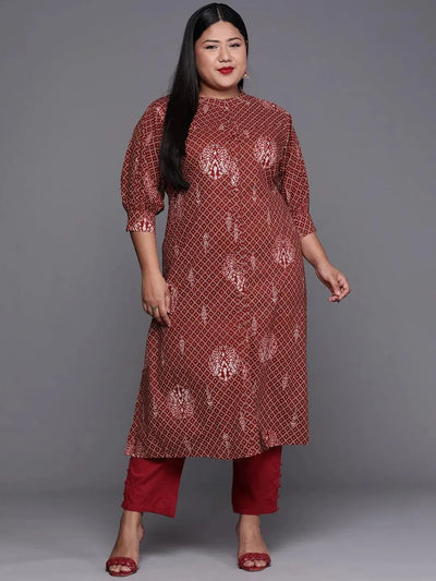 Plus Size Maroon Printed Cotton Kurta - Libas