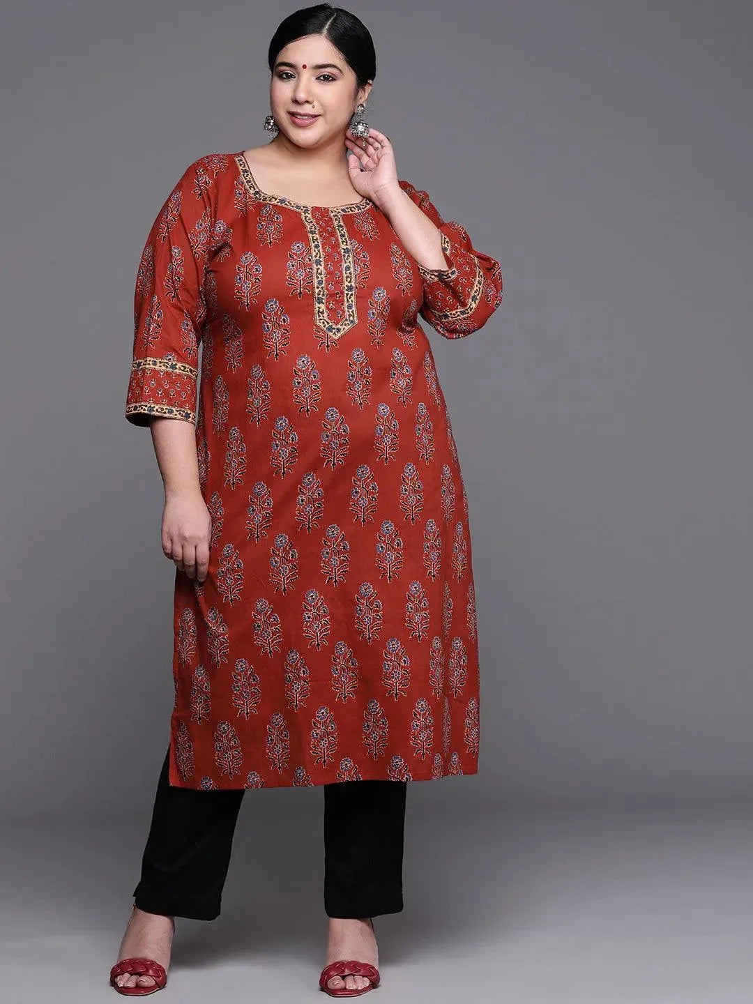 Plus Size Maroon Printed Cotton Kurta - Libas