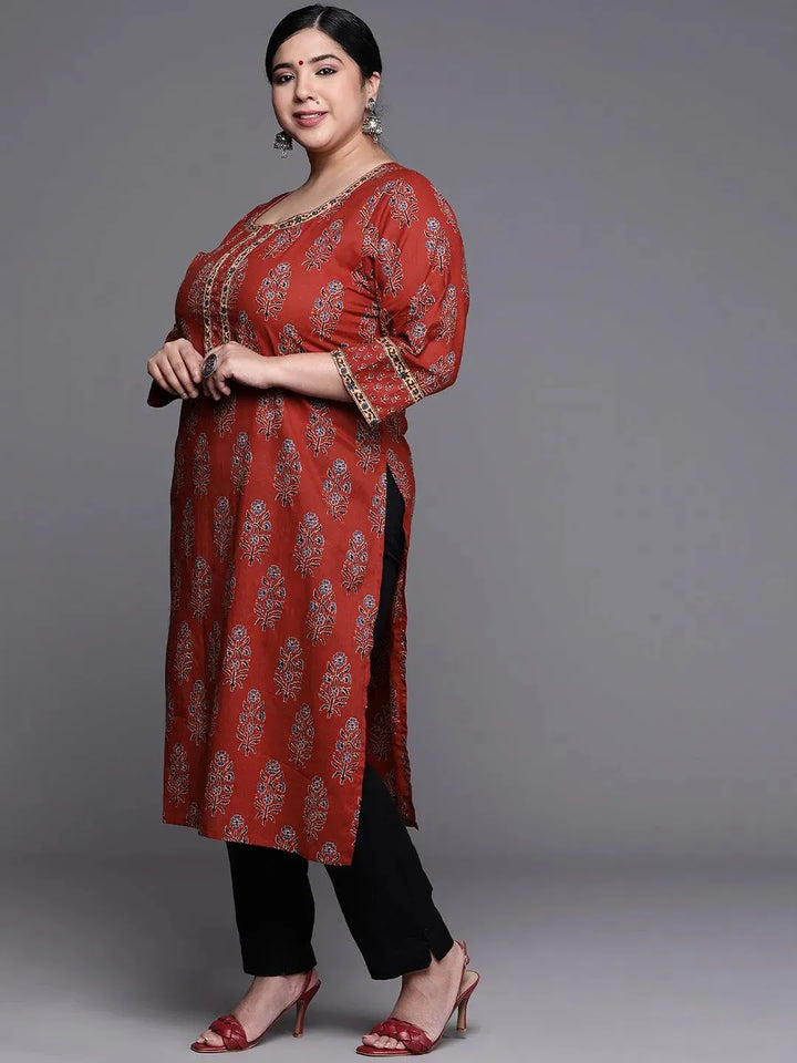 Plus Size Maroon Printed Cotton Kurta - Libas