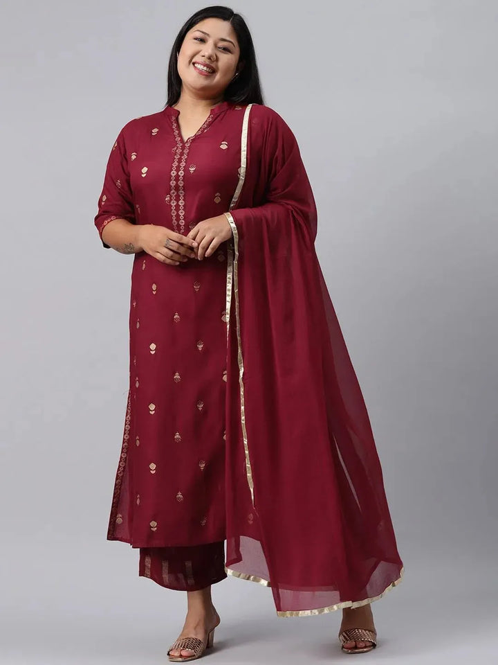 Plus Size Maroon Printed Rayon Suit Set - Libas