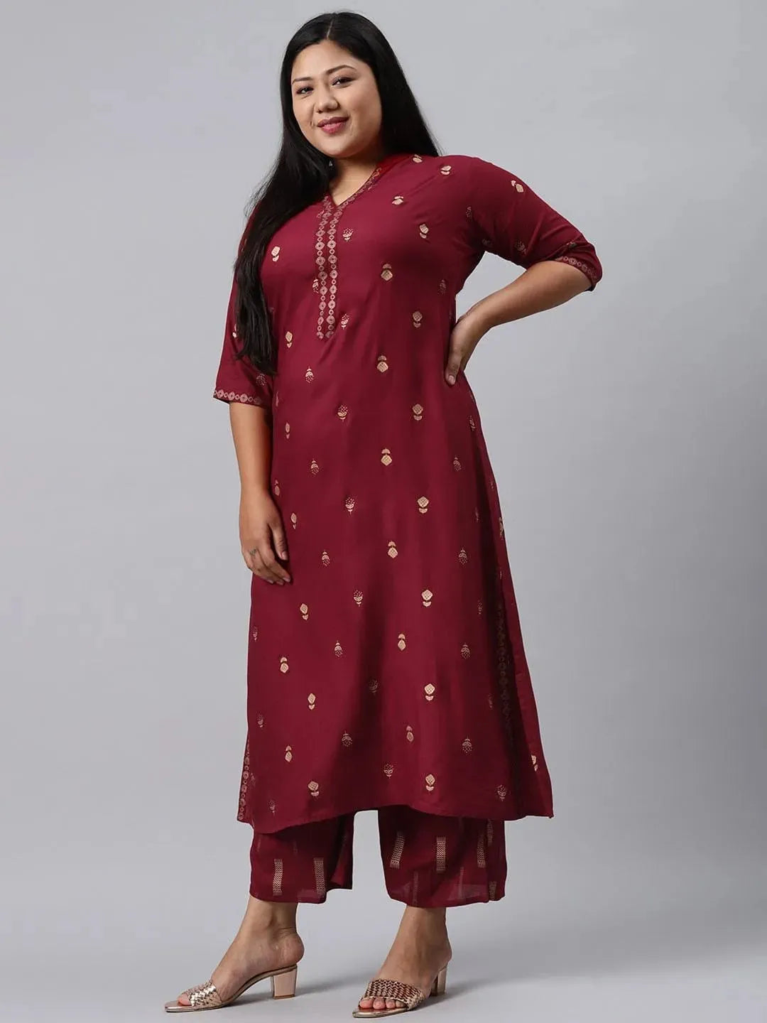 Plus Size Maroon Printed Rayon Suit Set - Libas 