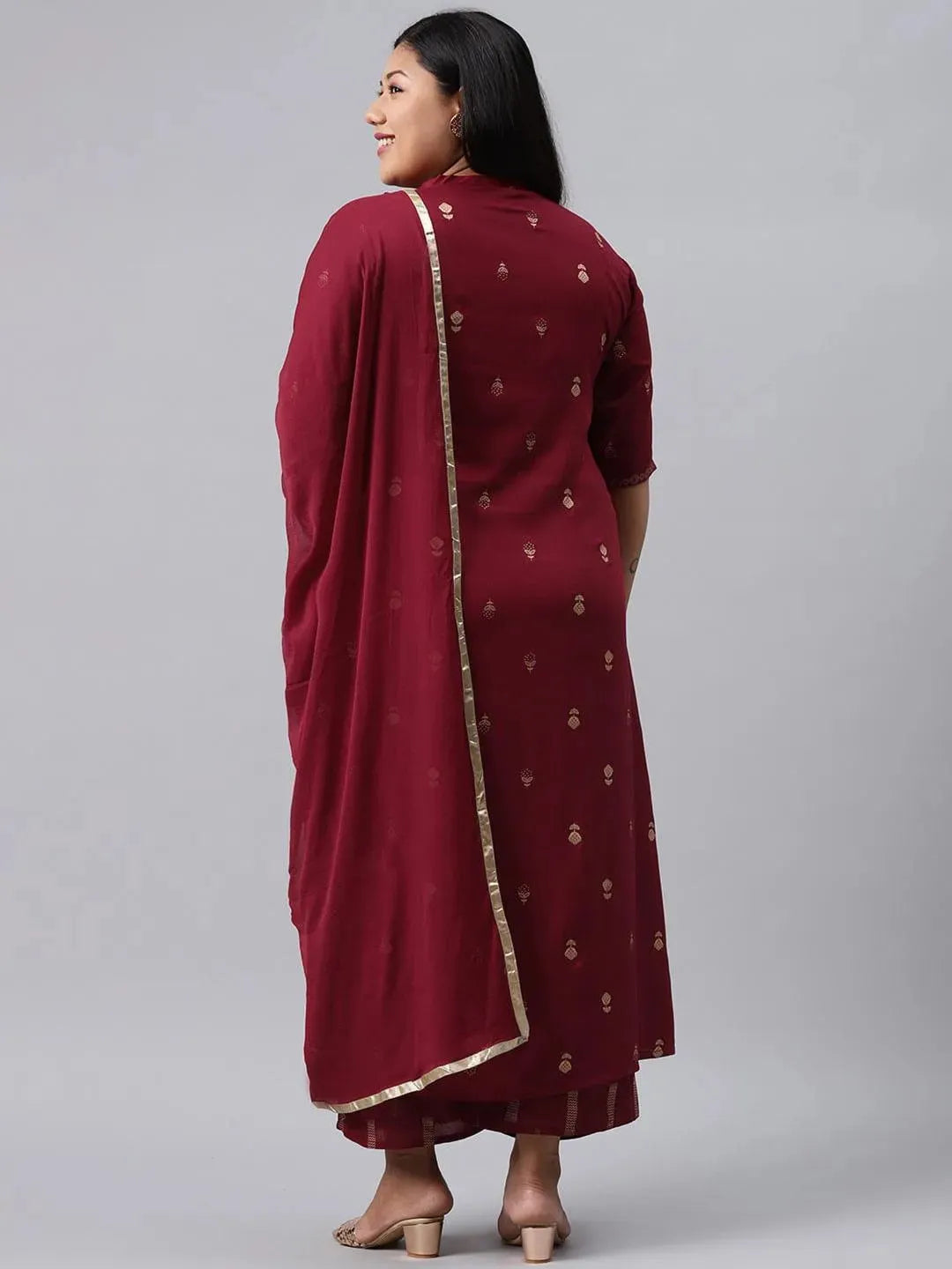 Plus Size Maroon Printed Rayon Suit Set - Libas 