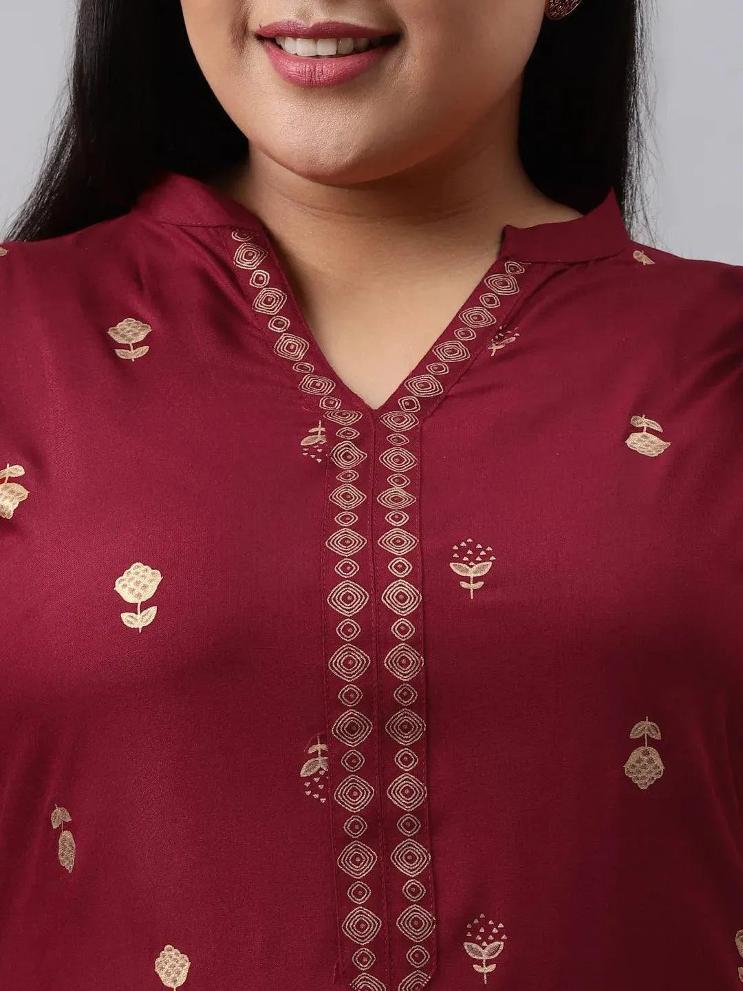 Plus Size Maroon Printed Rayon Suit Set - Libas 