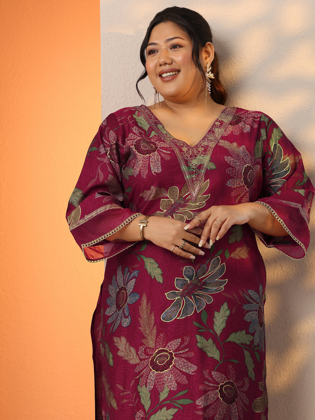 Plus Size Maroon Printed Silk Blend Co-Ord Set