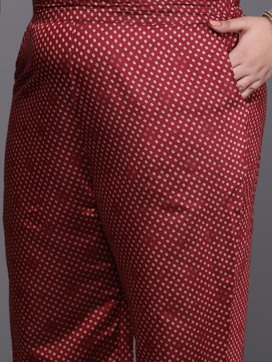 Plus Size Maroon Printed Silk Blend Straight Suit Set - Libas