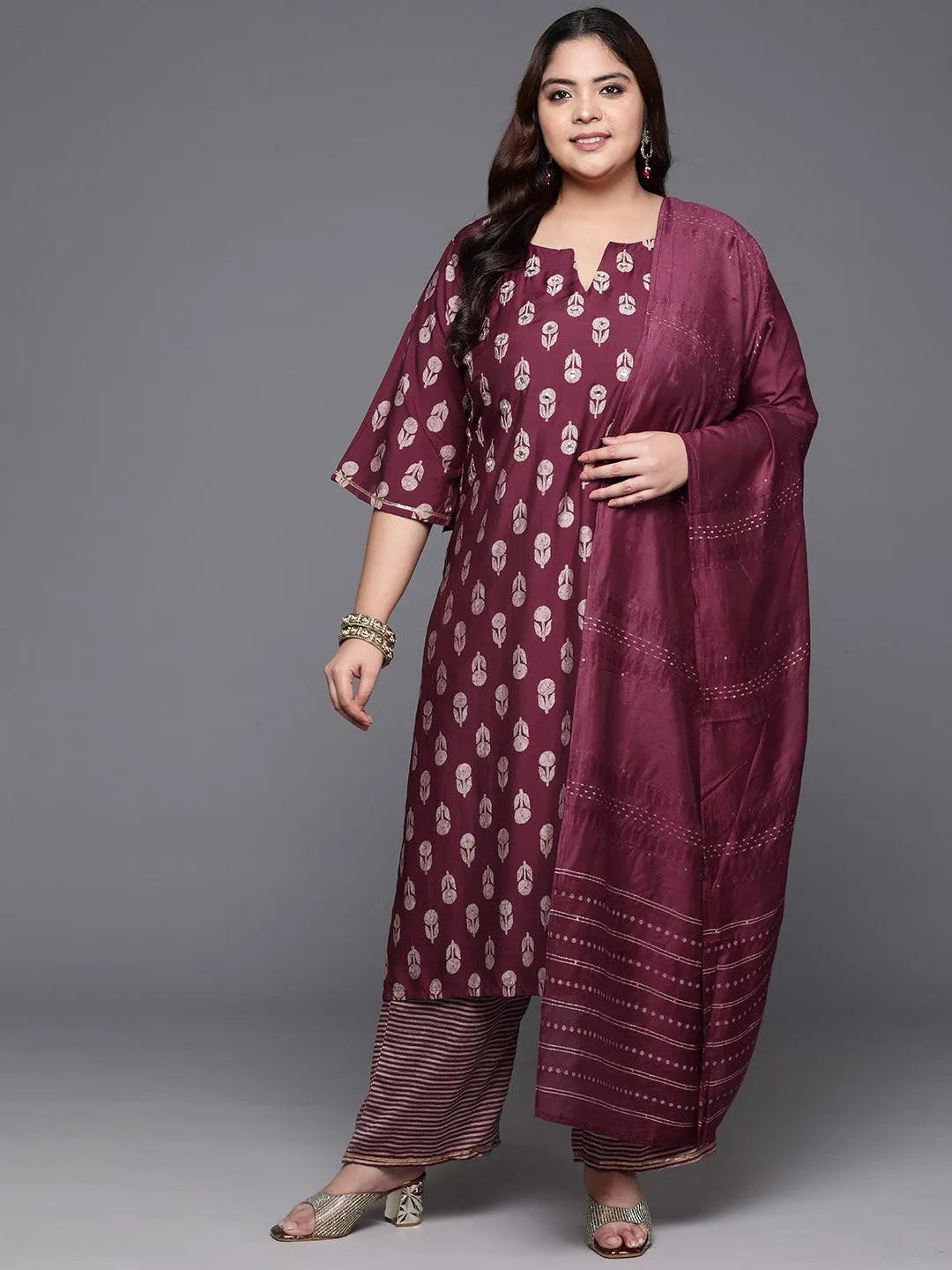 Plus Size Maroon Printed Silk Blend Straight Kurta With Trousers & Dupatta - Libas 