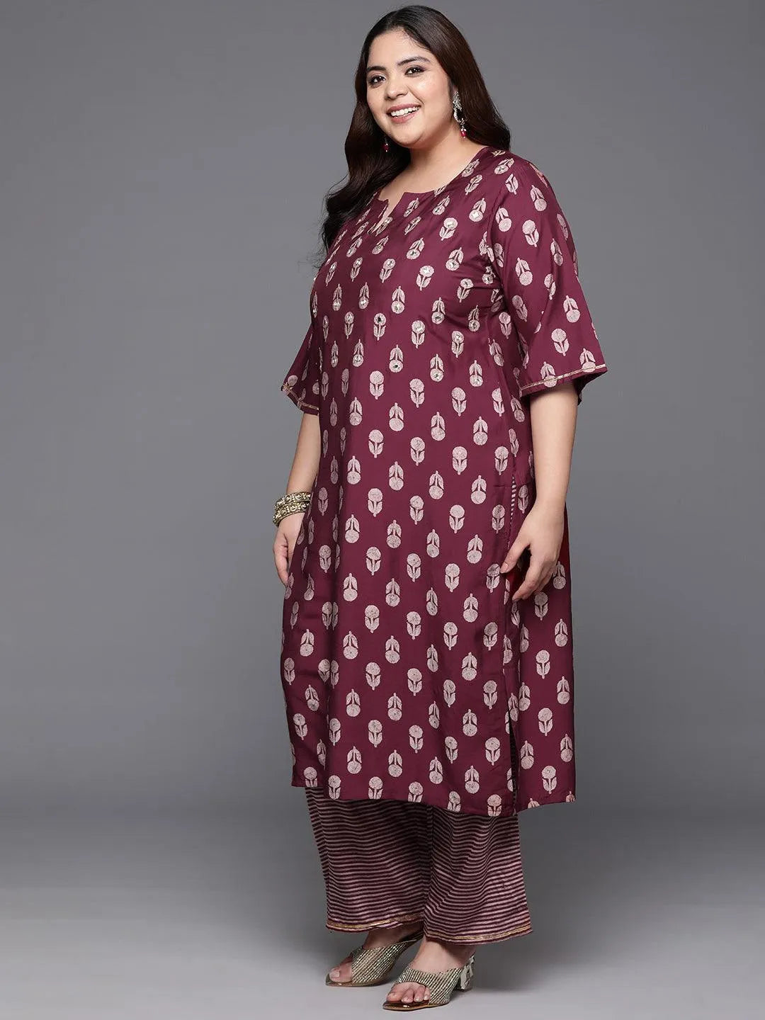 Plus Size Maroon Printed Silk Blend Straight Kurta With Trousers & Dupatta - Libas