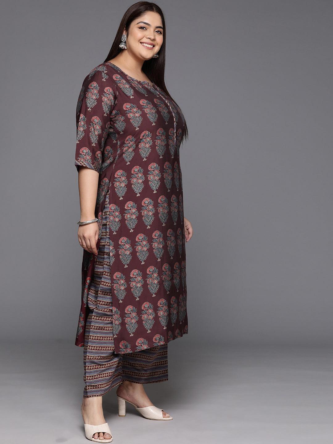 Plus Size Maroon Printed Silk Blend Straight Suit With Dupatta