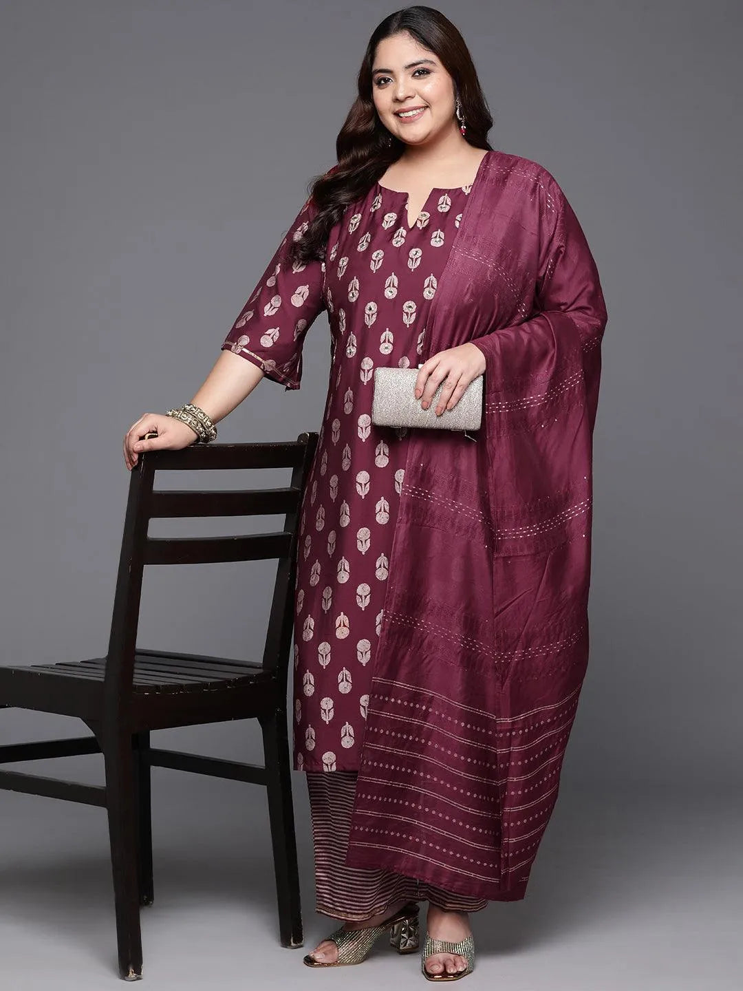Plus Size Maroon Printed Silk Blend Straight Kurta With Trousers & Dupatta - Libas 