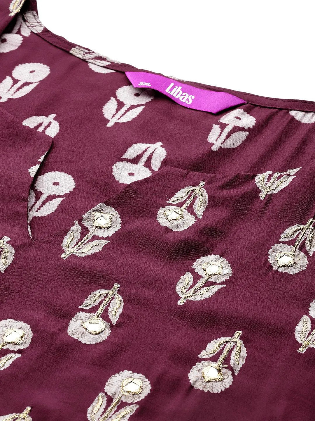 Plus Size Maroon Printed Silk Blend Straight Kurta With Trousers & Dupatta - Libas