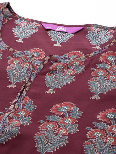 Plus Size Maroon Printed Silk Blend Straight Kurta With Trousers & Dupatta - Libas