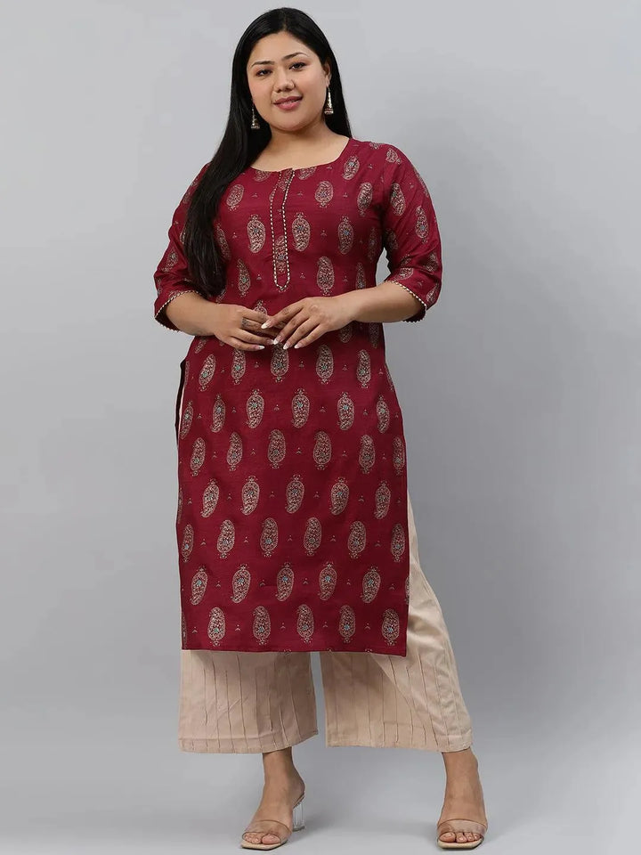 Plus Size Maroon Printed Silk Kurta - Libas