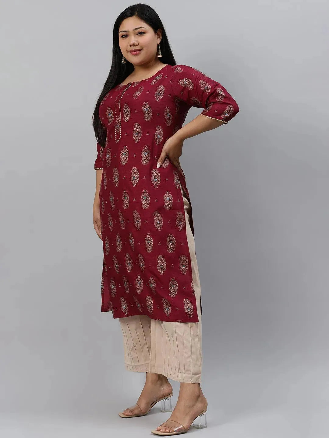 Plus Size Maroon Printed Silk Kurta - Libas