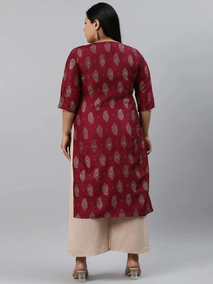 Plus Size Maroon Printed Silk Kurta - Libas