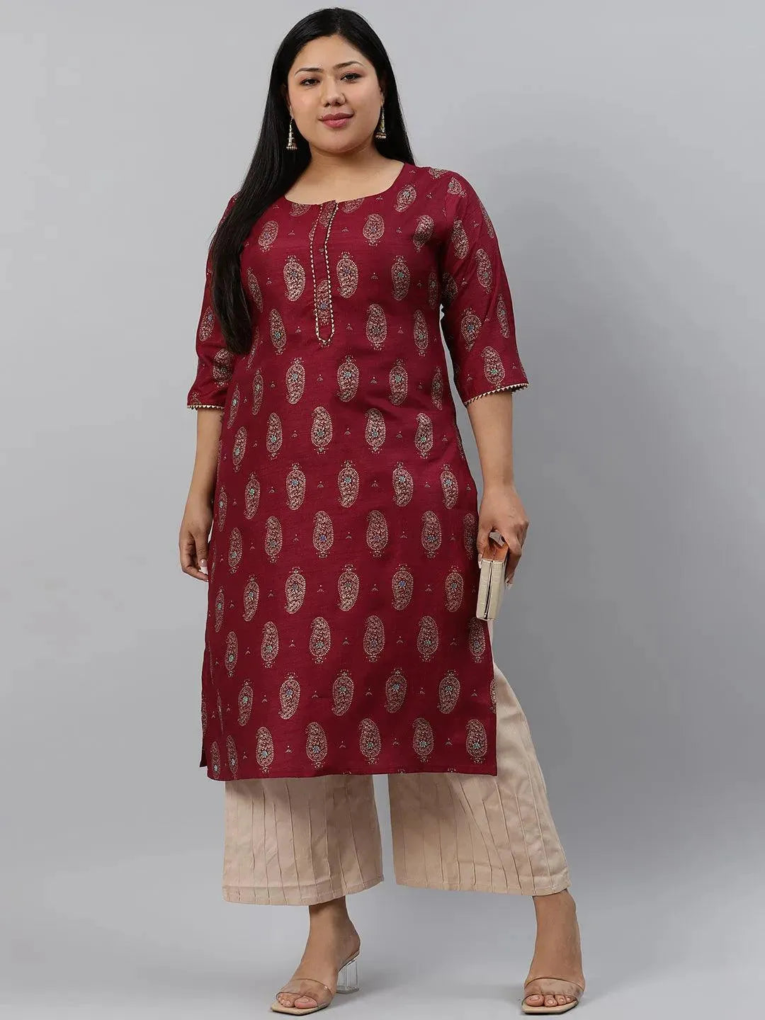 Plus Size Maroon Printed Silk Kurta - Libas